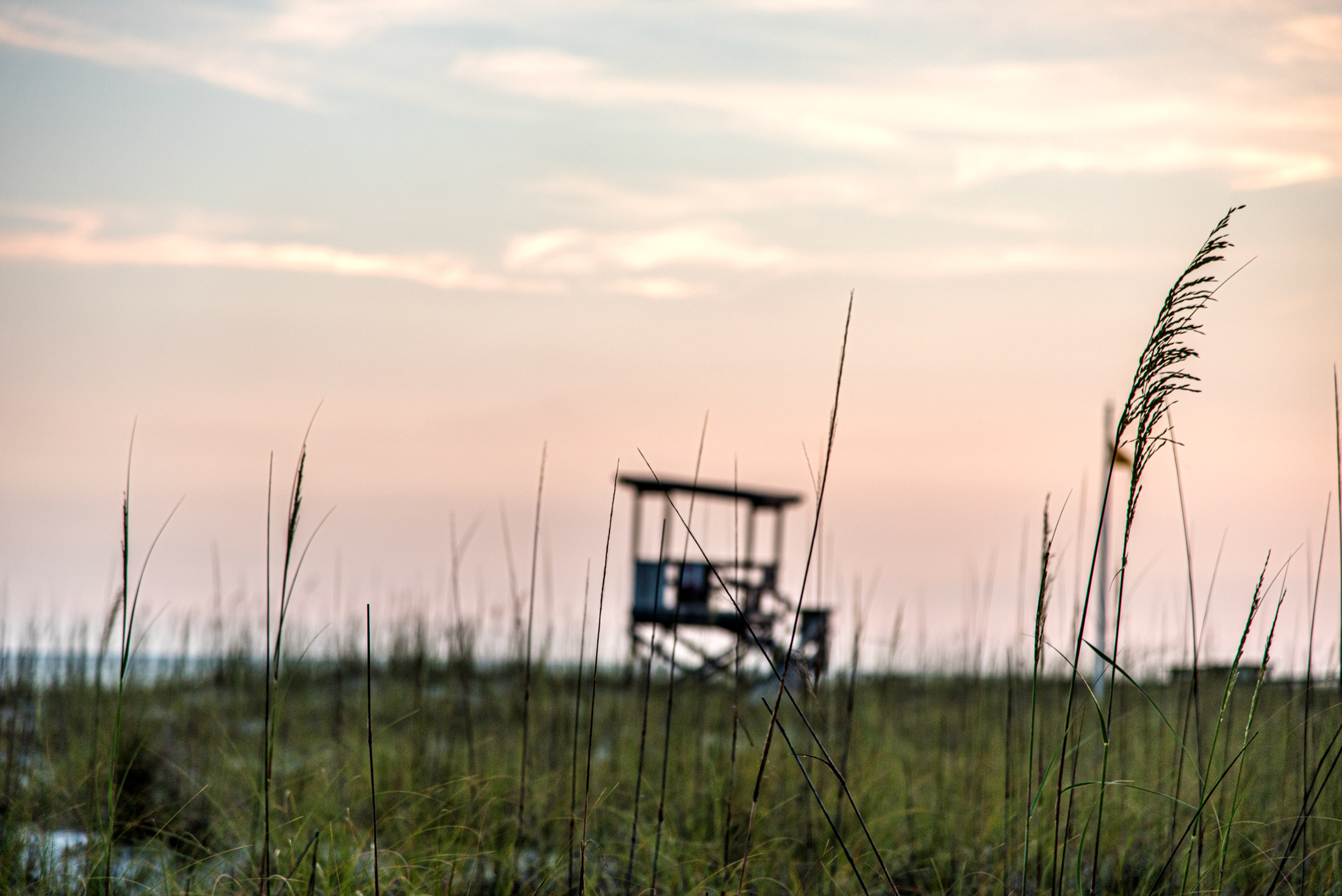 Last Light on the Dunes — Sea oats and an empty lifeguard chair stand against the last pink light in Destin, Florida
