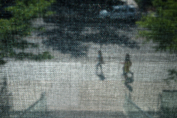 City Pointillism — Two figures cross a Toronto street, dissolved into dots of color by a window screen